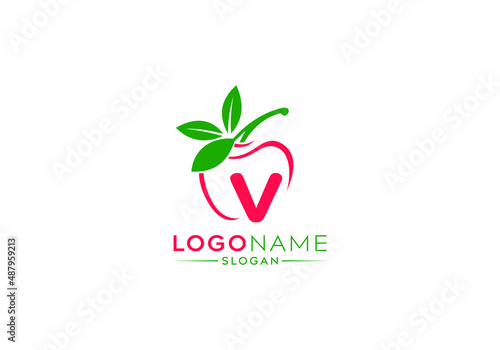 Small Letter v logo in fresh apple with green leaves, letter v logo and natural fruit apple vector shape