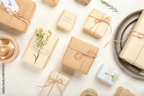 Beautiful composition with gift boxes on light background