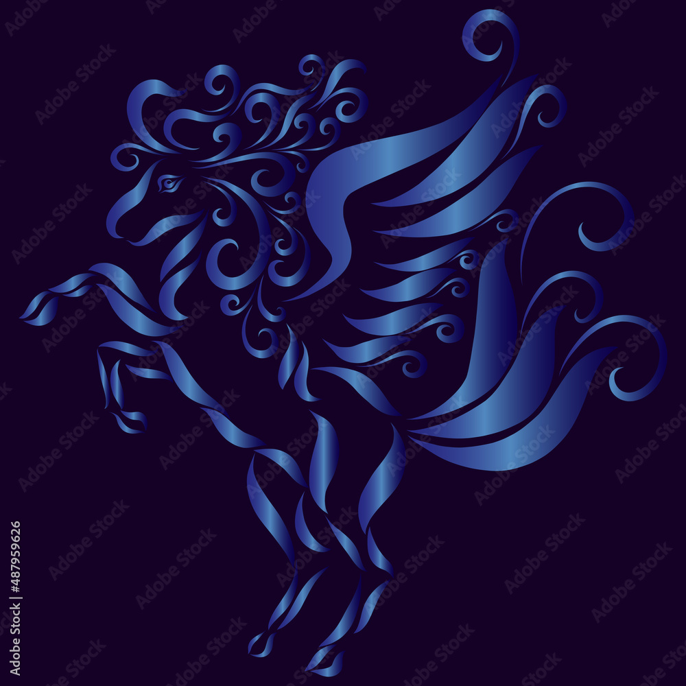 blue winged pegasus with long curly mane graceful creative pattern gallops and raises its hooves