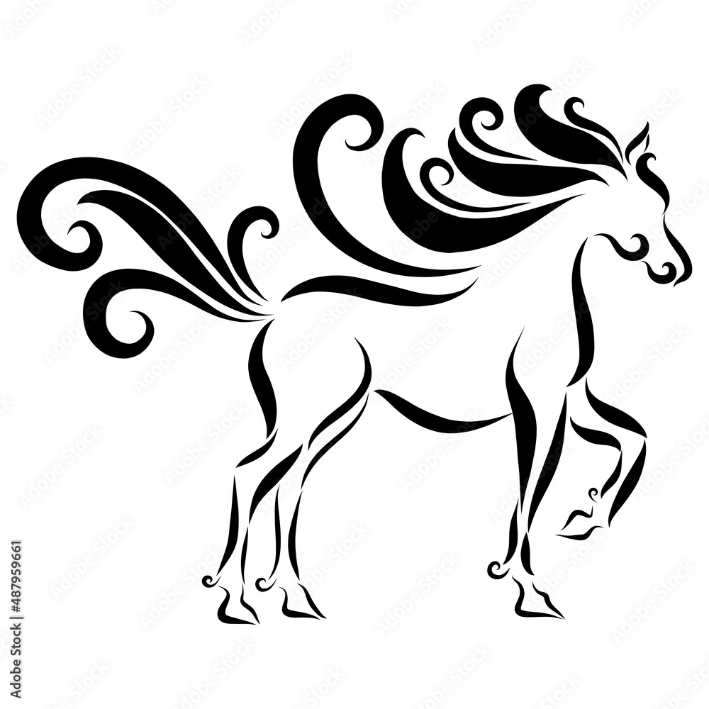Obraz premium logo galloping black horse with fluffy graceful ornate mane jumping playfully clapping its hoof year of the fiery horse