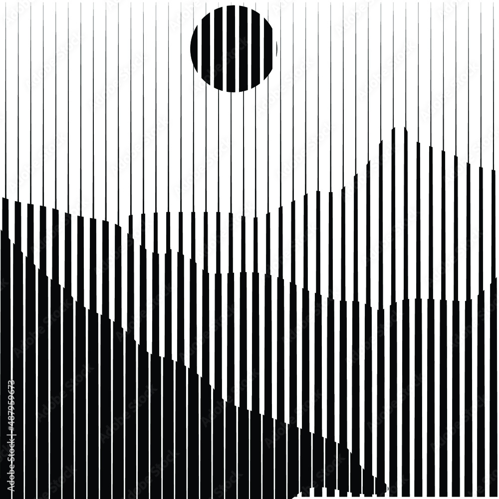 Poster with mountain landscape and sunset in boho art style .Minimal design with line elements . Trendy brochure . Mountain peak .Wall art .Vector illustration . Poster with mountain landscape and sunset in boho art style .Minimal design with line elements . Trendy brochure . Mountain peak .Wall art .Vector illustration .