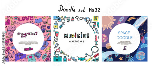 Big doodle medical, Valentine s day and space icons sets. Vector colorful illustration for the holiday on February 14. Hand draw set for pharmacy. Icons for banners, sales, apps, or ads