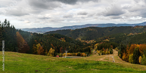 View to Radhost hill from Solan hill in autumn Vsetinske vrchy mountains in Czech republic
