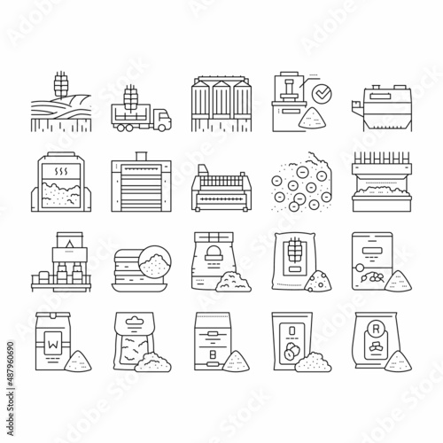Flour Factory Industry Production Icons Set Vector .