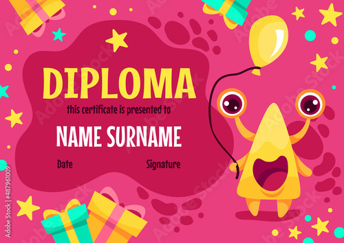 Colorful school and preschool diploma certificate for kids and children in kindergarten or primary grades with cute and kind monsters. Vector cartoon flat illustration