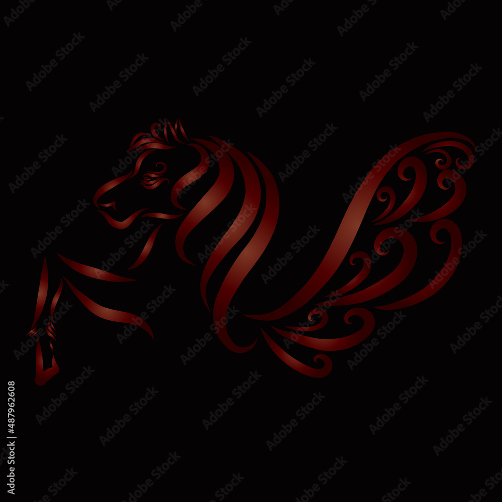 Beautiful winged pegasus gallops with long curly mane with a graceful pattern of red