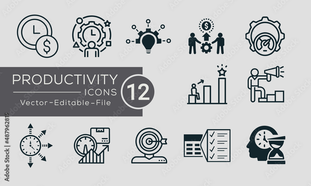Set of Productivity concept icons design. Contains such icons performance, goal, process, time management and more, can be used for web and apps. Vector 
