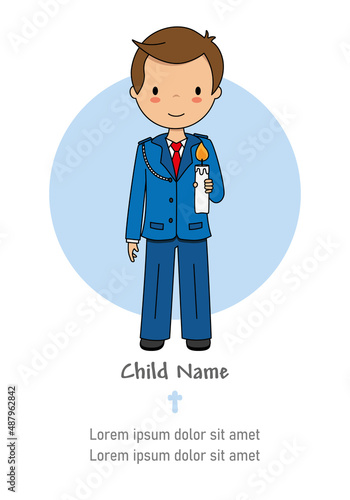 My first communion card. Child with candle. Space for text