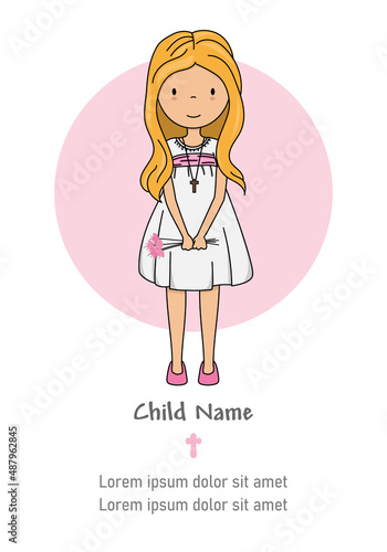 My first communion girl. Girl with flowers. Space for text