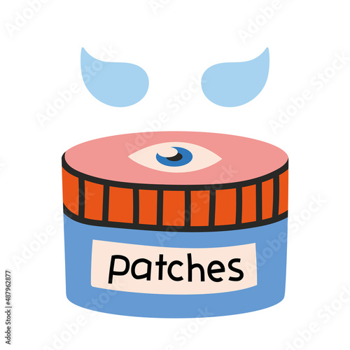 Hydrogel Eye Patches in jar, cartoon style. Korean skin care, hand drawn, flat design.