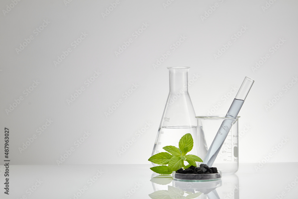 Activated charcoal research in laboratory with glassware beaker and