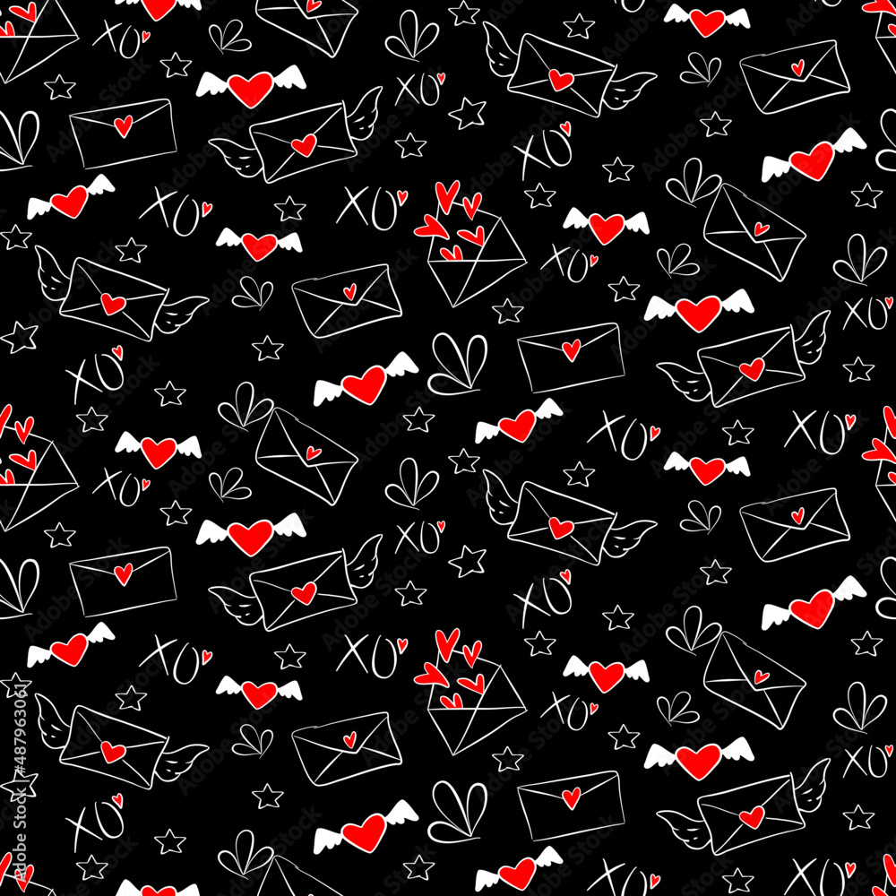 Vector seamless love symbol half-drop pattern, with stylish hearts and xoxo (hugs and kisses) phrase Vector seamless love symbol half-drop pattern, with stylish hearts and xoxo (hugs and kisses) phrase