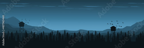 Fototapeta Naklejka Na Ścianę i Meble -  sunset at mountain forest landscape flat design vector illustration good for wallpaper, backdrop, background, web banner, and design template