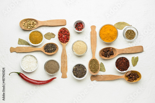 Set of aromatic spices on light background