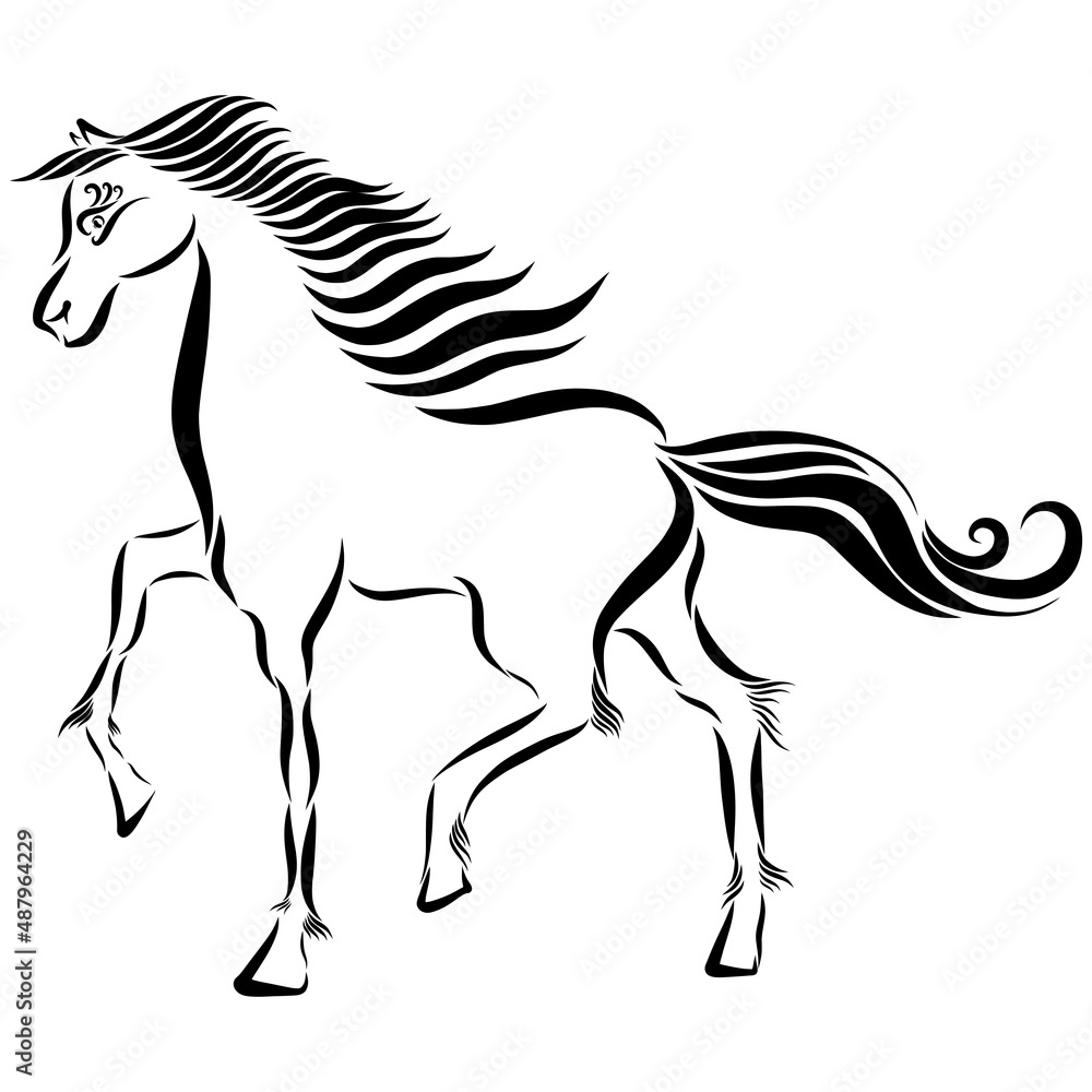 playful horse tattoo stallion with a wavy mane and fluffy tail gallops raises a hoof