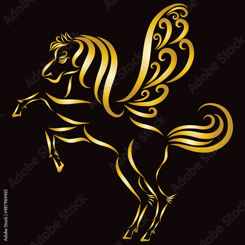 A beautiful winged pegasus gallops with long curly manes with a graceful pattern of golden color © RafaelYulia Nazaryan