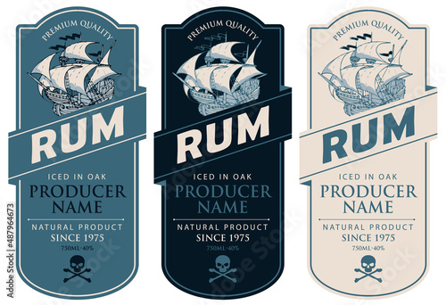 Set of vector labels for rum in a figured frames with old sailing ships, skulls with crossbones and inscriptions in retro style. Collection of strong alcoholic beverages. Premium quality, iced in oak