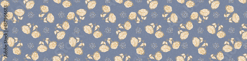 French blue floral linen seamless pattern with 2 tone country cottage style botanical motif. Simple vintage rustic fabric textile effect. Primitive modern shabby chic design.