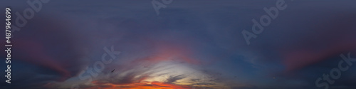 Panorama of a dark blue sunset sky with pink Cumulus clouds. Seamless hdr 360 panorama in spherical equiangular format. Full zenith for 3D visualization, sky replacement for aerial drone panoramas.