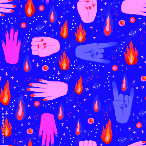 Feminist seamless pattern for Women's day with colorful hands and flames pattern, rebel girly and cute vibes, girl power