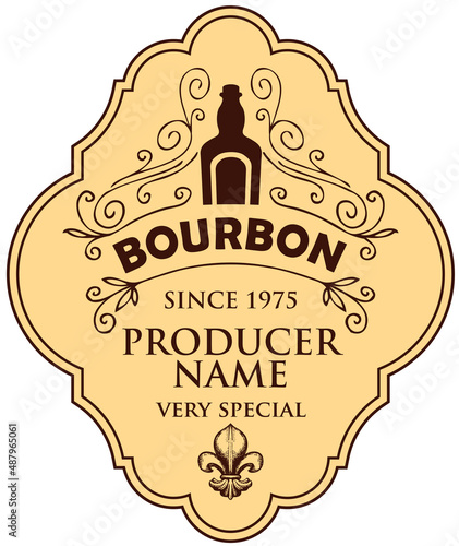 Monochrome vector label for bourbon with a bottle, curlicues and fleur de lis on a beige backdrop in a curly frame. Figured label or sticker for a strong alcohol drink in retro style isolated on white