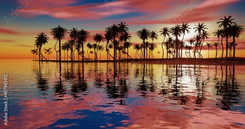 Fototapeta Naklejka Na Ścianę i Meble -  The sea and palm trees against the backdrop of a tropical sunset 3d-rendering