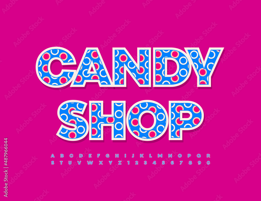 Vector colorful logo Candy Shop. Bright modern Font. Floral pattern Alphabet Letters and Numbers. 