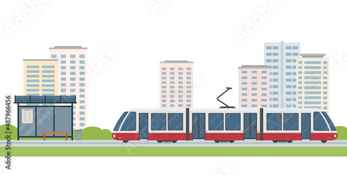 Modern tram, tram station and city buildings isolated on white background. Concept of public transport. Flat style. Vector illustration. photo