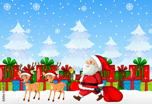 Santa Claus with gift boxes on snowy blue background