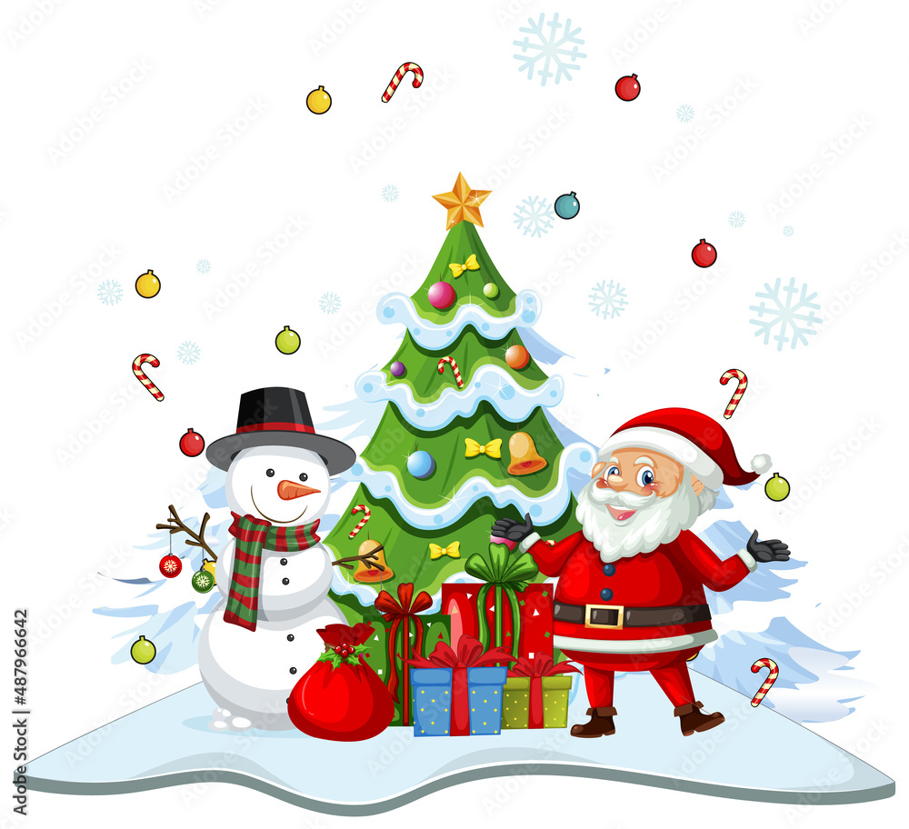 Santa Claus with snowman and decorated Christmas tree