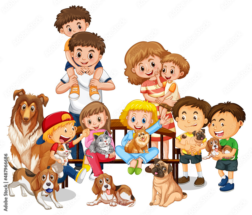 Family members with many dogs in cartoon style