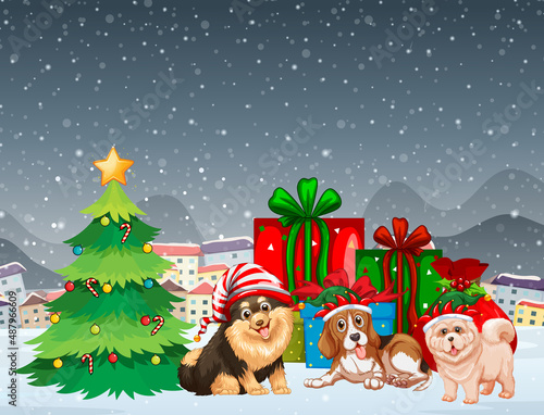 Snowy christmas night scene with dogs in christmas costumes