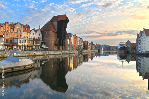 Early morning summer view of the Motlawa waterfront in Gdansk, Poland.
