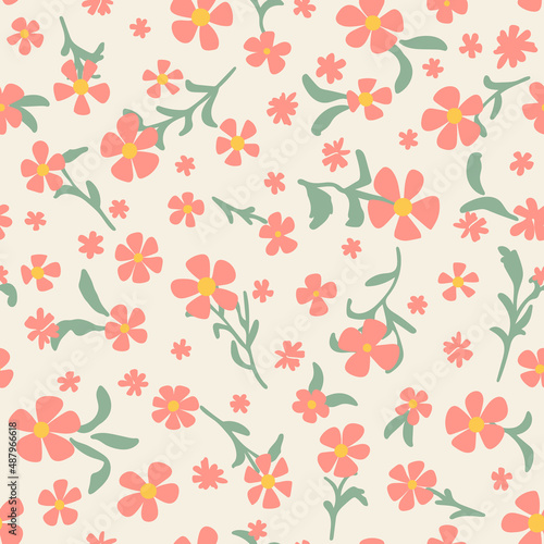 Wallpaper Mural Flowers with leaves seamless repeat pattern. Random placed, vector botany all over surface print. Torontodigital.ca