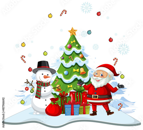 Santa Claus with snowman and decorated Christmas tree © GraphicsRF