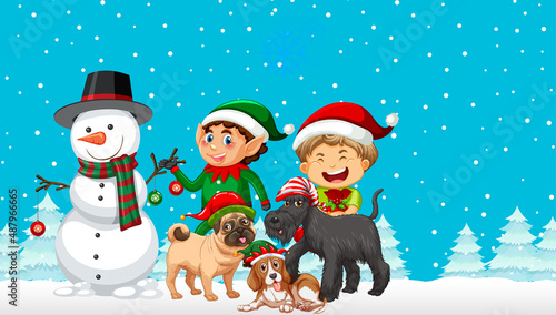 Christmas cartoon characters on snowy blue background
