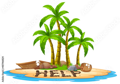 Deserted island with broken boat lying on the beach with help sign