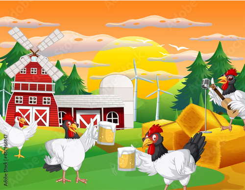 Farm scene with a group of chickens cartoon character