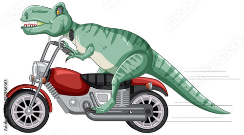 Tyrannosaurus rex riding motorcycle in cartoon style