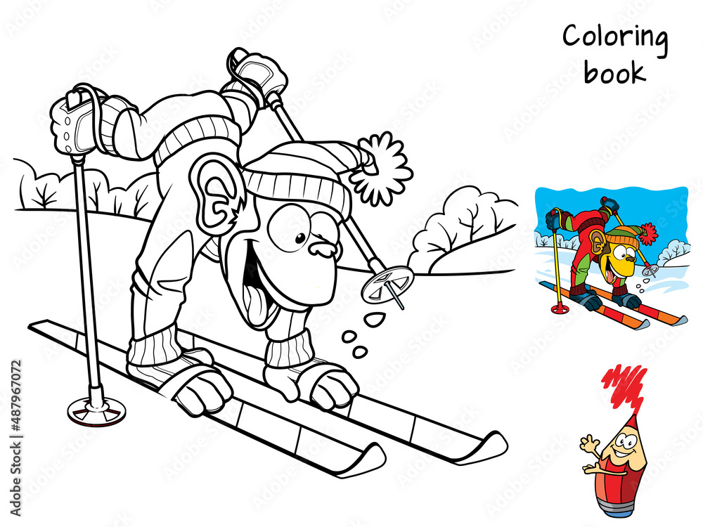Funny monkey skiing. Coloring book