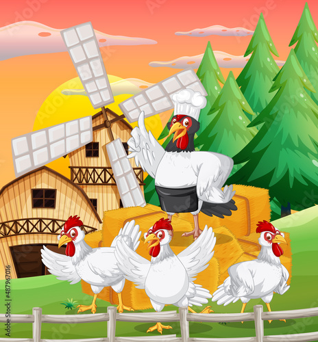 Farm scene with a group of chickens