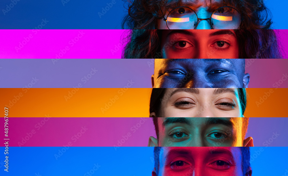 Obraz premium Neon stripes, loines. Closeup human eyes on multicolored background in neon light. Collage made of cropped faces of male and female models. Diversity