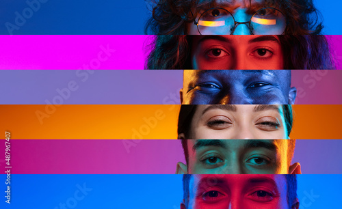 Neon stripes, loines. Closeup human eyes on multicolored background in neon light. Collage made of cropped faces of male and female models. Diversity