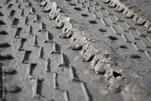Tire track on the ground . close up