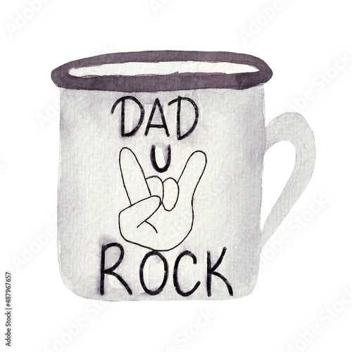 Watercolor illustration, gray mug for dad with dad you rock lettering. Card for birthday, father's day, and so on.