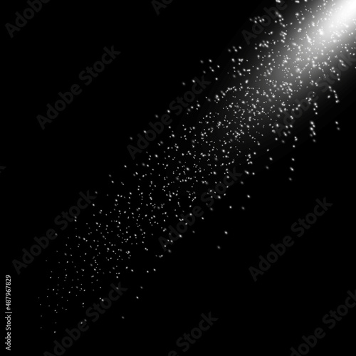 Silver beam of light, glowing stars effect, explosion and dust. Special effect on black background