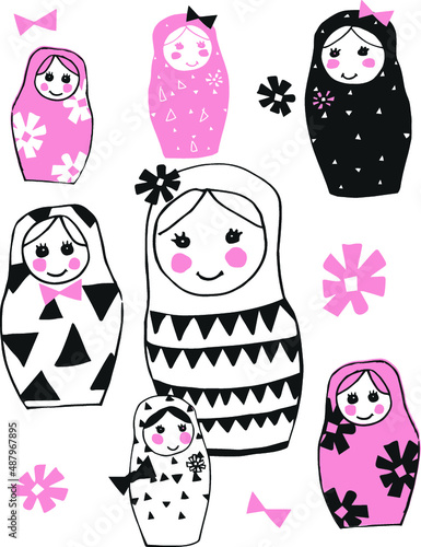 Russian dolls sketches, fun colourful stickers set. photo