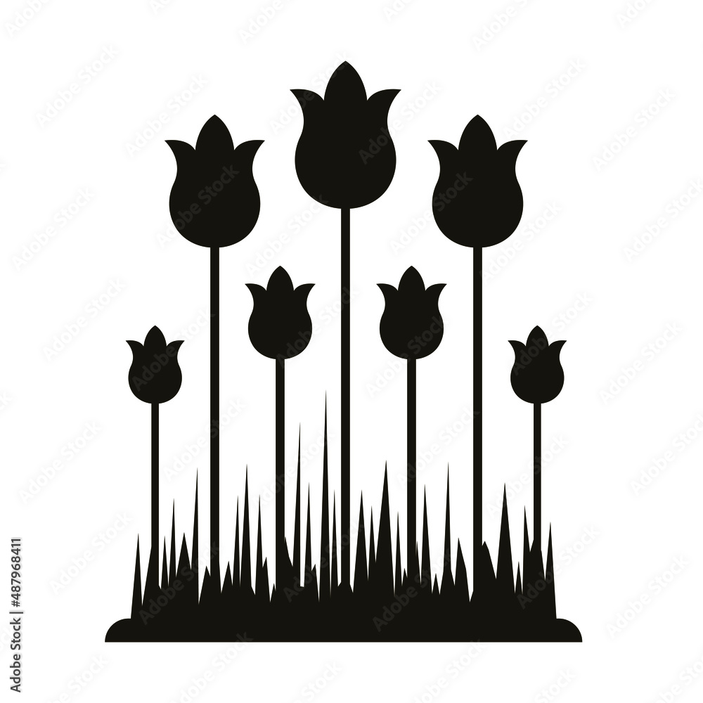 Tulips. Black and white image of stylized colors. Stamp, print on fabric, design, background.
Vector drawing.
