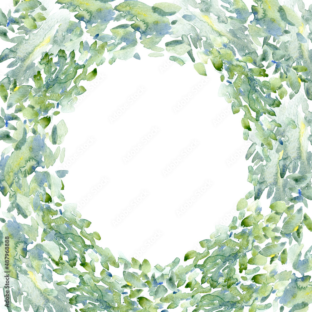 Fototapeta premium Floral wreath.Garland of a green branches.Frame of a herbs.Watercolor hand drawn illustration.It can be used for greeting cards, posters, wedding cards. 