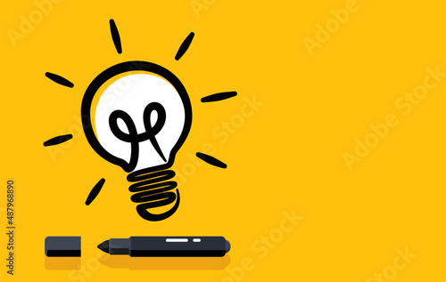 Doodle hand-drawn light bulb icon and black pen marker. Concept of idea. Vector illustration Flat design for banner, poster, wallpaper, and background.